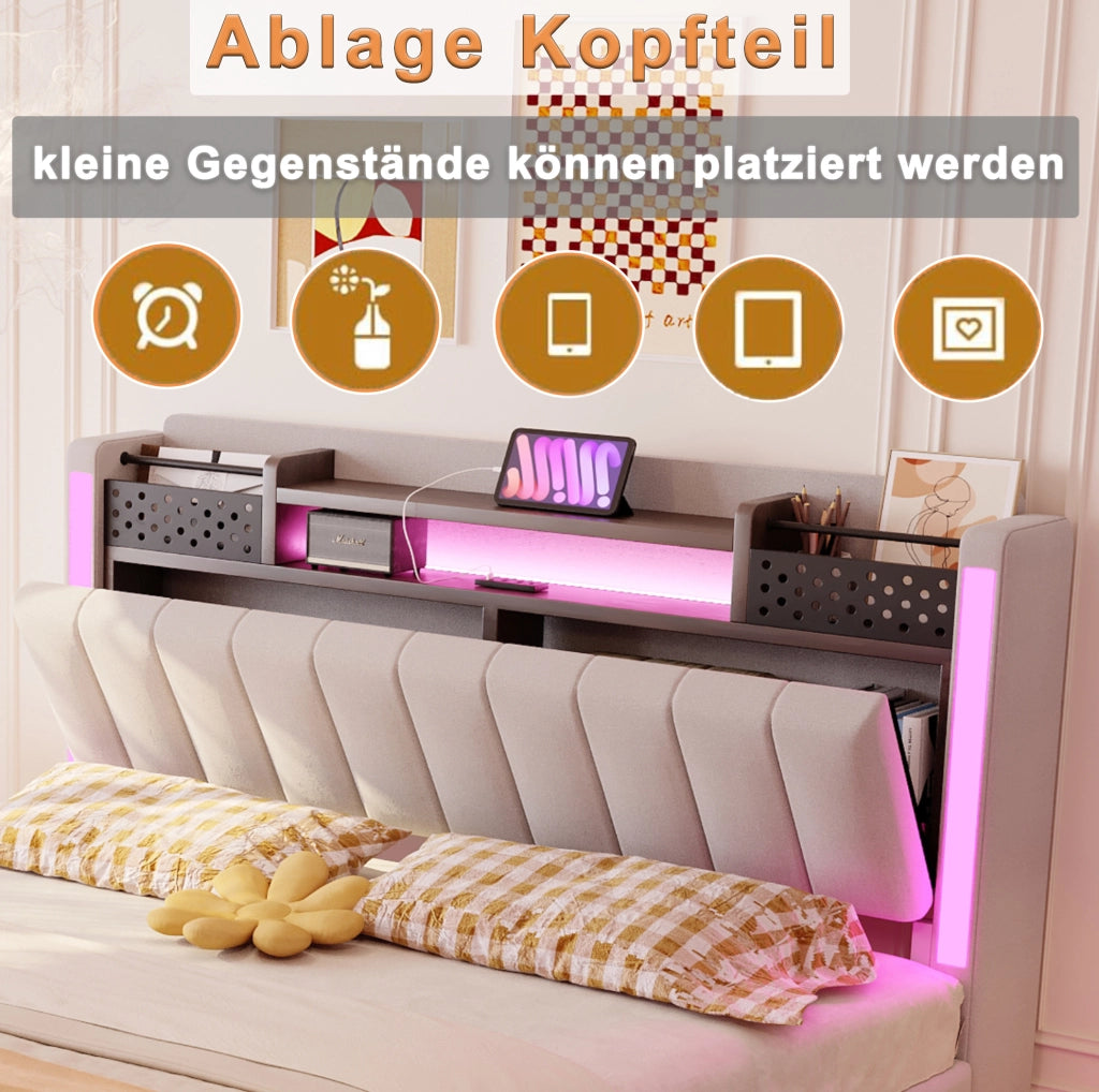 Letto matrimoniale imbottito 140x200 cm con LED; USB e contenitore; beige