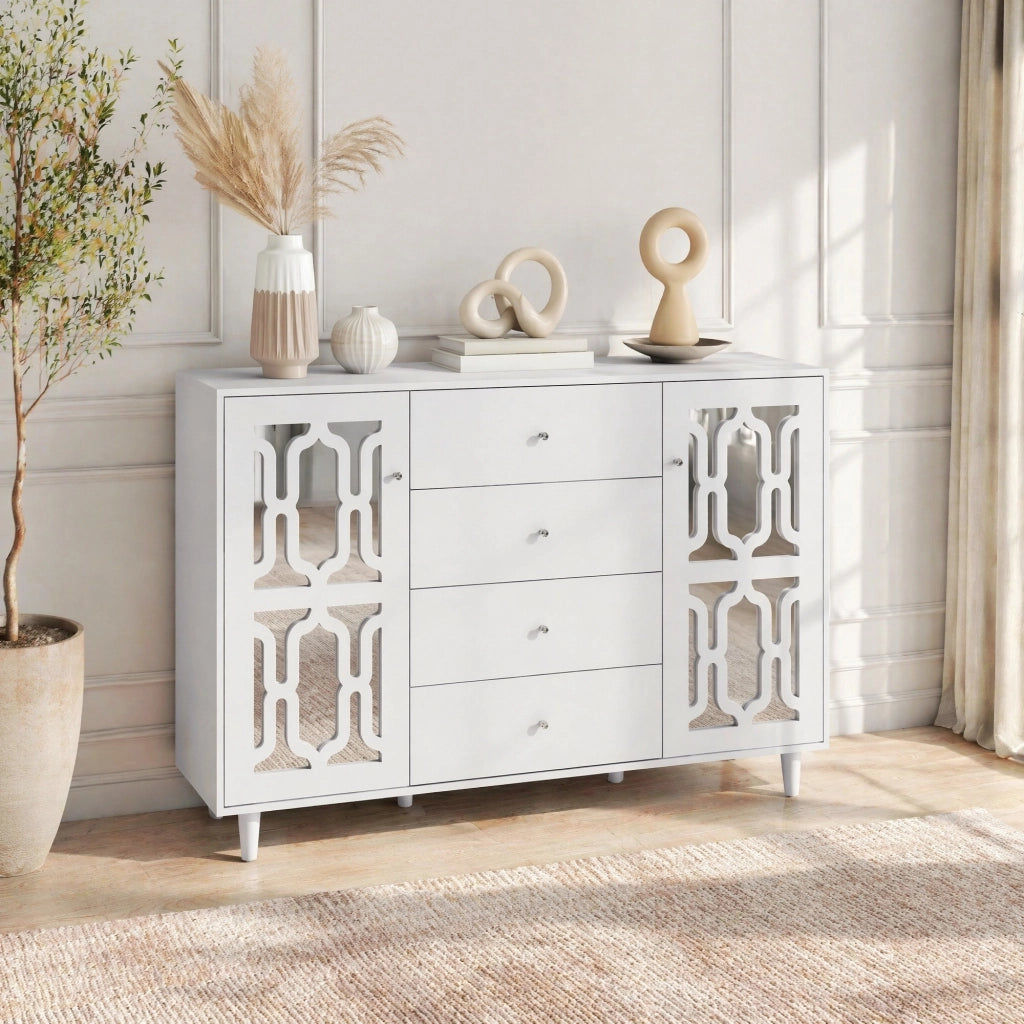 Credenza 147,5 x 40 x 102 cm bianca – frontale a specchio, 4 cassetti