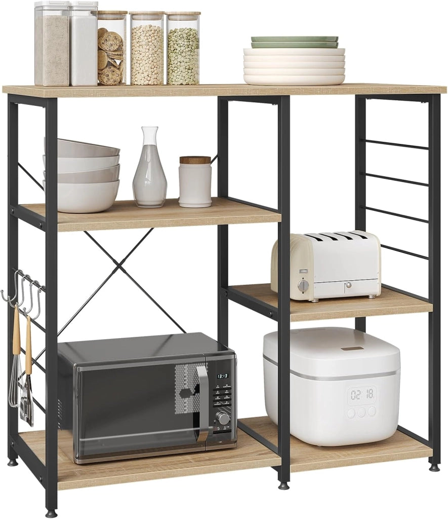 Scaffale da Cucina con 5 Ripiani in Legno, Supporto per Microonde con 4 Ganci, Struttura in Metallo & Legno, 90x40x83,5 cm, Rovere Chiaro+Nero