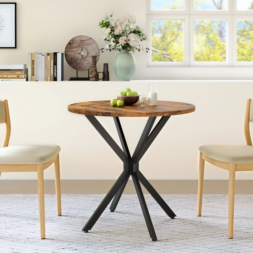 Tavolo da pranzo rotondo con base a X, per 2 persone, per cucina e home office, in truciolare e ferro, marrone nero, Ø 80 cm
