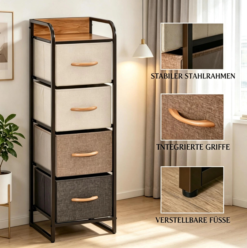 Cassettiera stretta con 4 cassetti in tessuto; MDF e acciaio; beige e marrone
