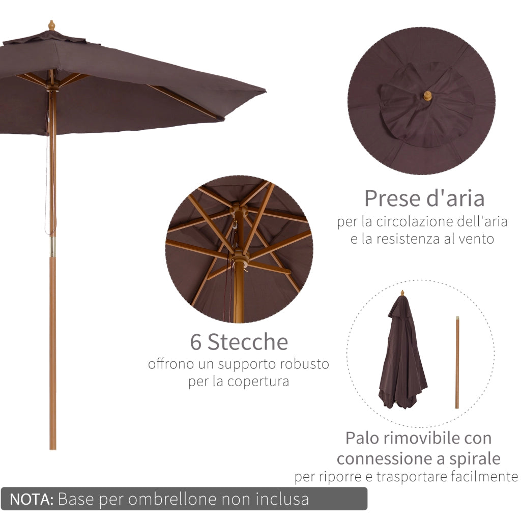 Easycomfort Ombrellone da Giardino 2.5x2.3 m a 6 Stecche con Manovella, in Legno e Poliestere, Marrone