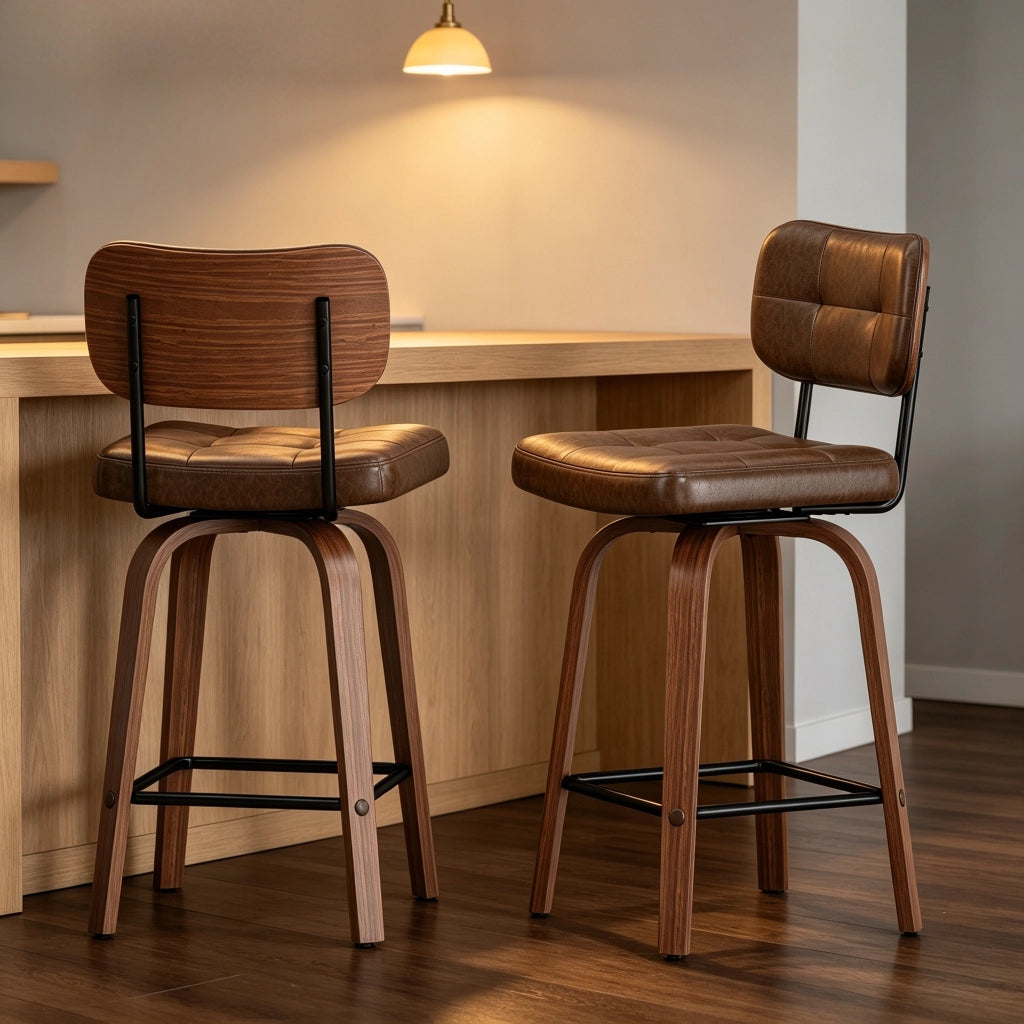 Sgabello da bar con schienale ergonomico e anello antiscivolo stile scandinavo in pelle pu e legno walnut brown