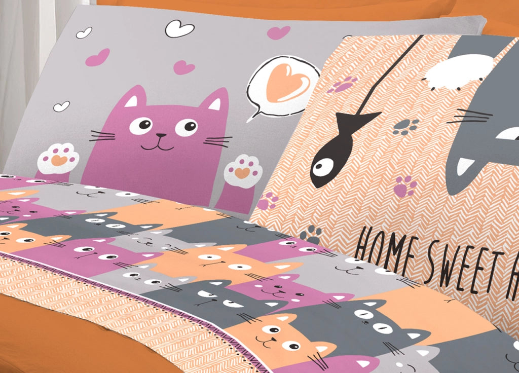 Completo Lenzuola Letto Pensieri Delicati 100% Cotone Disegno Happy Cat - Singolo - Arancio