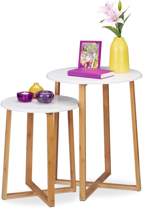Set di 2 Tavoli da Caffè a Rondi con Decorazioni - Design Moderno - 48.5 & 60.5 cm Altezza - Legno Naturale/Bianco