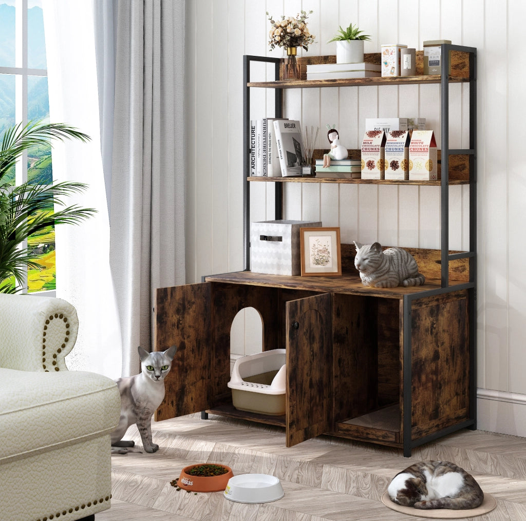 ARMADIO LETTIERA GATTO 3 RIPIANI 2 PORTE MARRONE MDF E METALLO