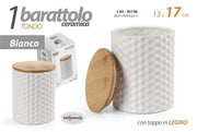 BARATTOLO TONDO DA CUCINA 13X17CM IN CERAMICA BIANCA CON TAPPO IN LEGNO