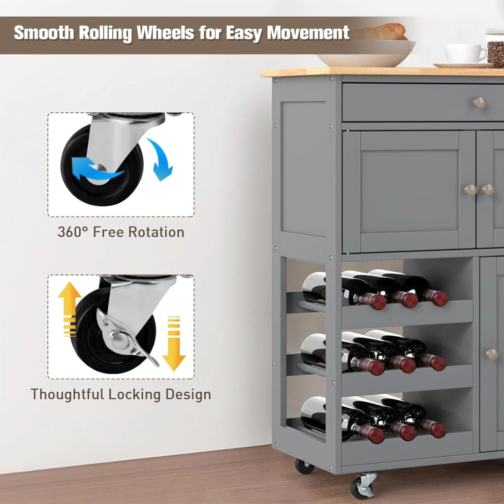 Carrello da cucina mobile con cassetto, porte e ripiani per bottiglie, isola di cucina con ruote e coperchio in legno di gomma, 67 x 37 x 86 cm, mobile di stoccaggio per sala da pranzo (grigio