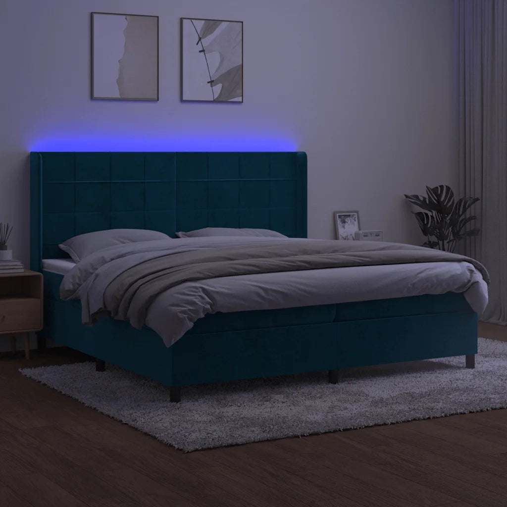 Letto a Molle con Materasso e LED Blu Scuro 200x200 cm