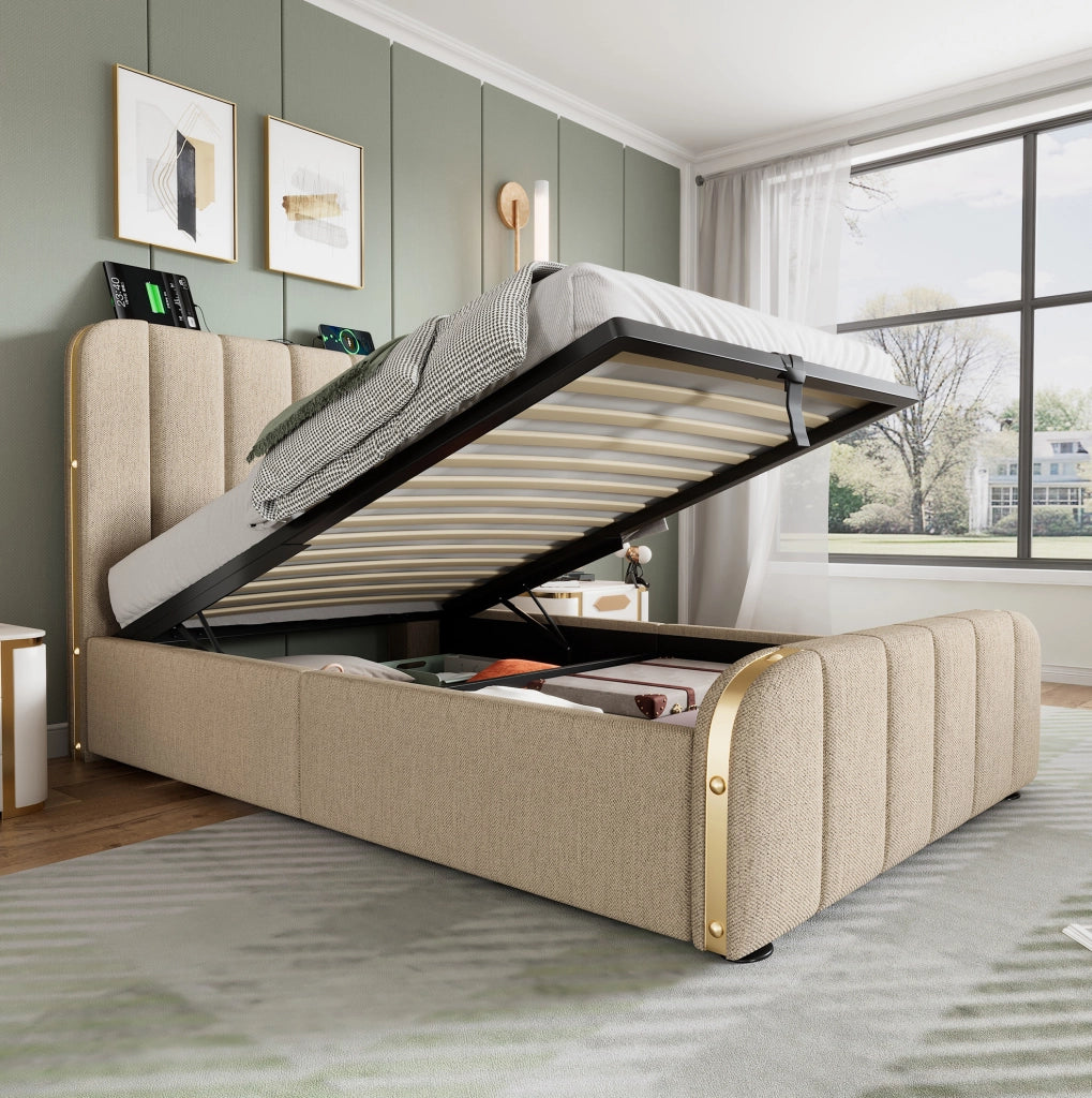 Letto singolo imbottito beige 90x200 cm con vano idraulico, USB-C e materasso H3