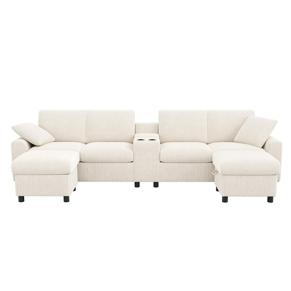 Divano a U in velluto - Xylo - Con 2 poggiapiedi, USB, Type-C, beige (315cm)