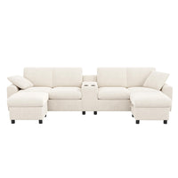 Divano a U in velluto - Xylo - Con 2 poggiapiedi, USB, Type-C, beige (315cm)