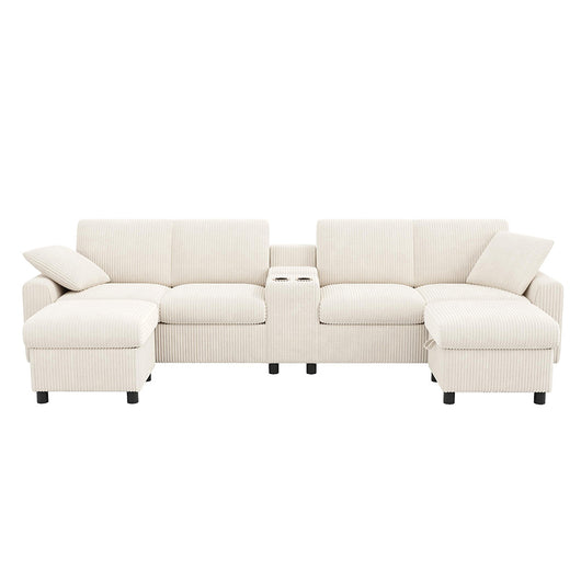 Divano a U in velluto - Xylo - Con 2 poggiapiedi, USB, Type-C, beige (315cm)