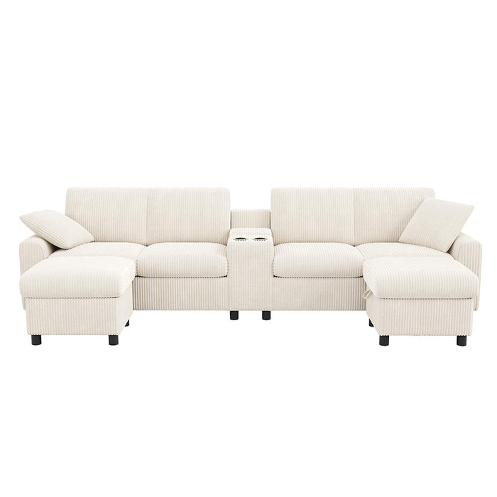 Divano a U in velluto - Xylo - Con 2 poggiapiedi, USB, Type-C, beige (315cm)