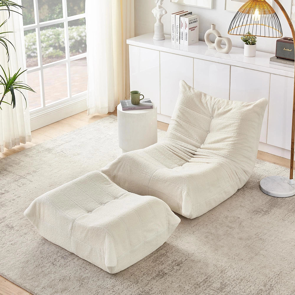Divano Lazy con schienale e poggiapiedi - Xylo - Pelle di peluche morbida beige
