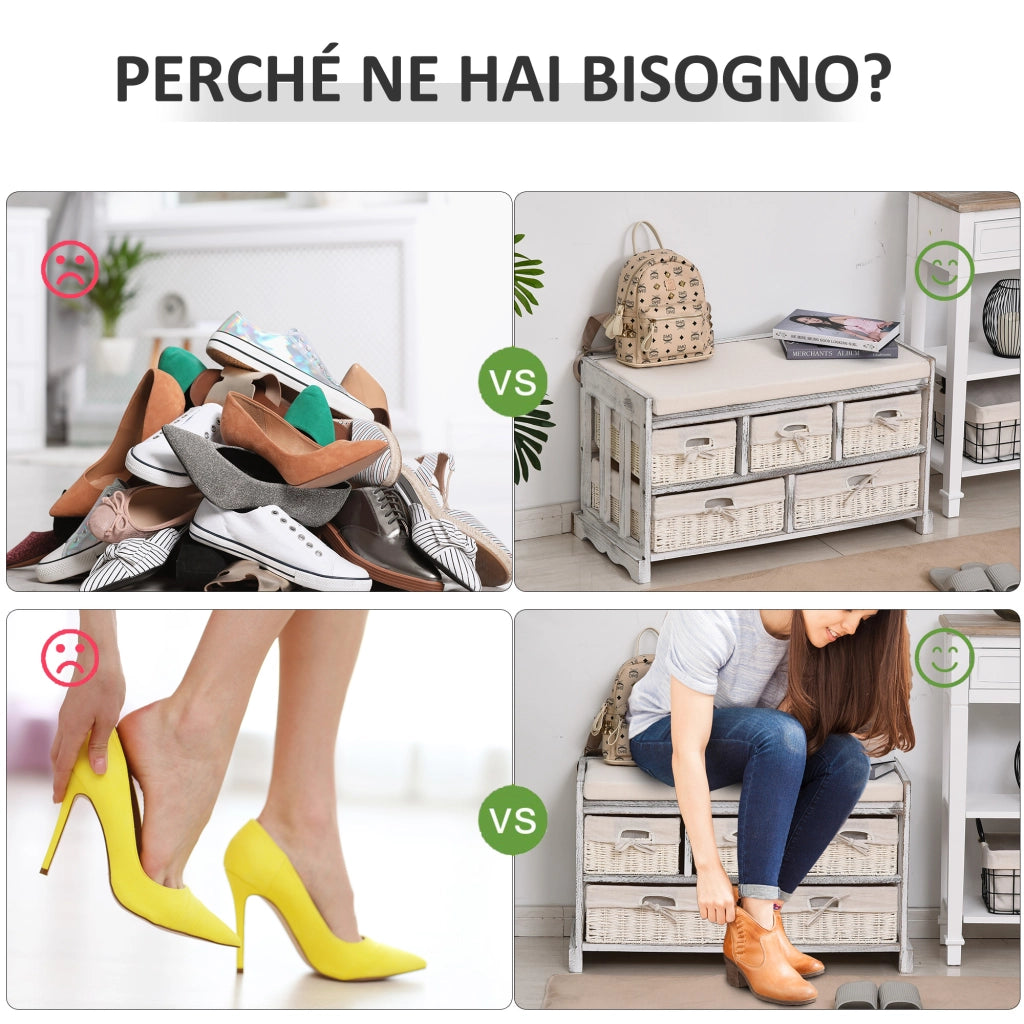 EasyComfort Panca Scarpiera con Cuscino, Cassetto e 3 Vani Aperti in Legno, 81x31.5x49cm, Bianco