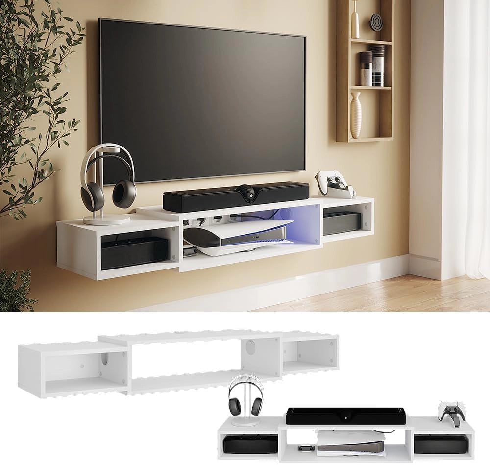 Mobile tv Nordic, Bianco, 139.7 x 20.3 cm con ripiani aperti, adatto al montaggio a parete per una configurazione flessibile degli spazi
