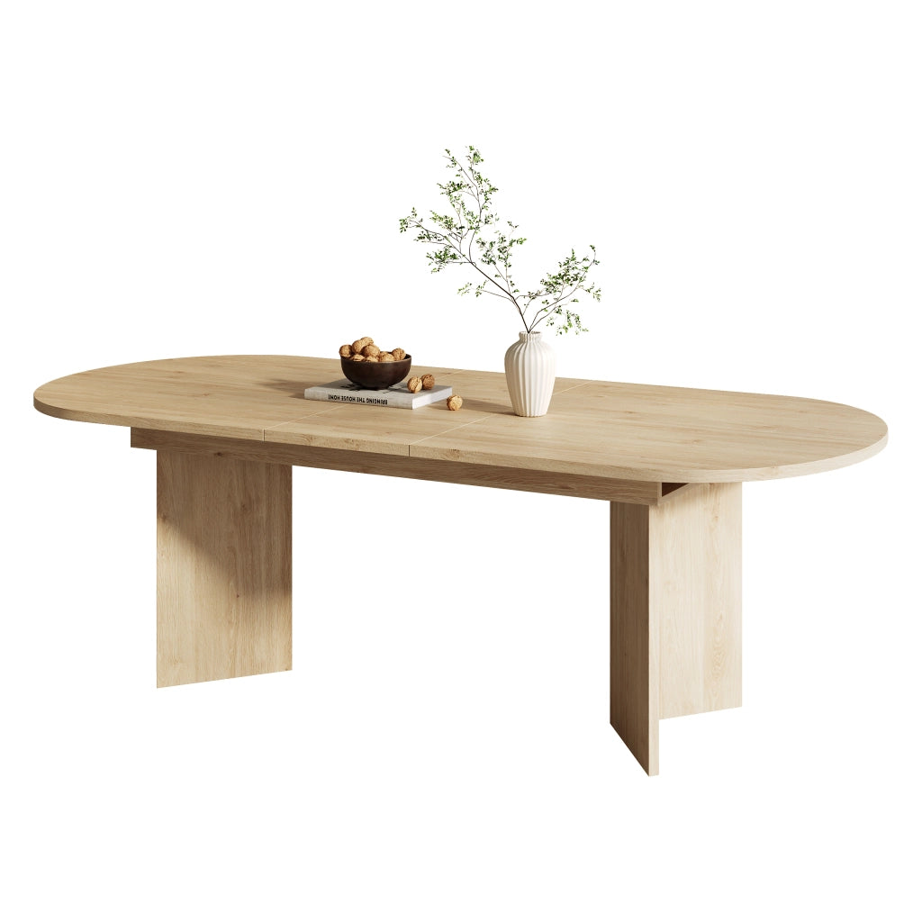 Tavolo da pranzo allungabile con piano da 18 mm e angoli arrotondati, per 4-8 persone, in MDF, rovere chiaro