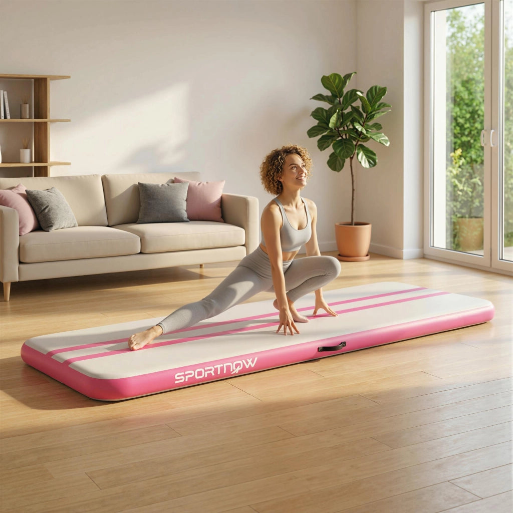 Tappetino Gonfiabile Ginnastica 305x102x10 cm con Pompa Elettrica e Borsa Trasporto in PVC Rosa