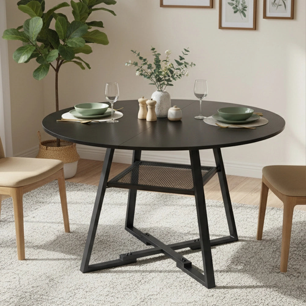 Tavolo per Sala da Pranzo Tondo Nero con Ripiano Portaoggetti 120x120x76cm