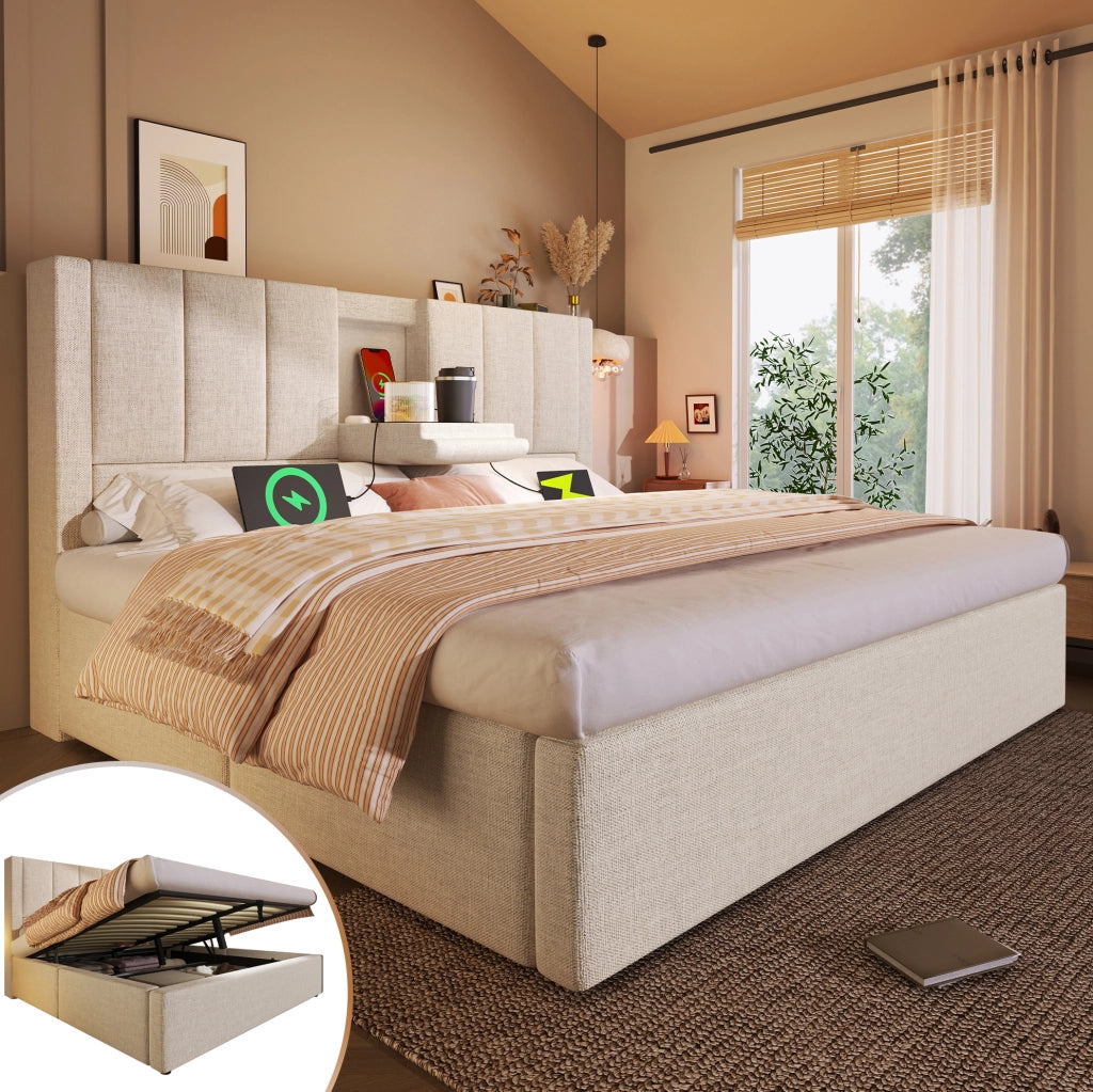 Letto matrimoniale imbottito 160x200 cm in lino beige con contenitore; USB e portabicchieri