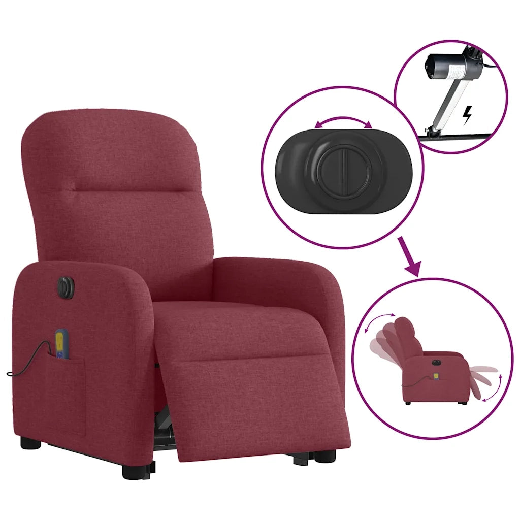 vidaXL Poltrona Alzapersona Massaggiante Elettrica Rosso Vino Tessuto