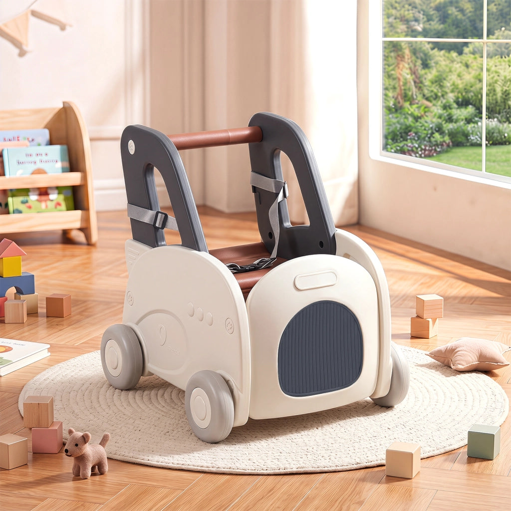 Girello primi passi per bambini con 4 ruote e seduta pieghevole contenitore portagiochi, Carrellino per cavalcare e camminare per bambini 1-3 anni