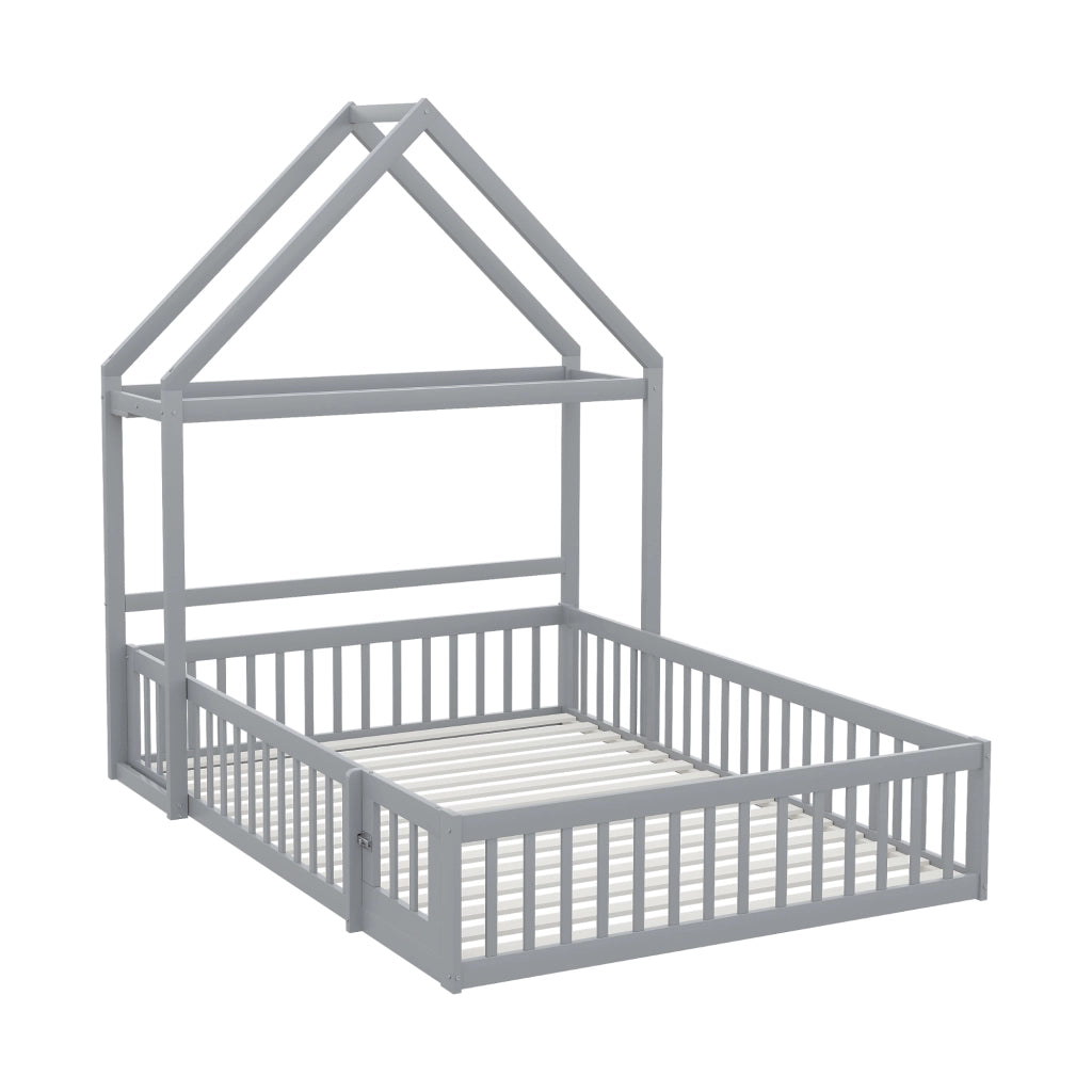 Letto per bambini grigio con funzione contenitore e rete a doghe in legno massello 140x200 cm