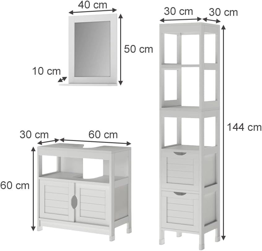 Set di mobili da bagno Vilda, Bianco, 60 cm, composto da mobile sottolavabo, specchiera e colonna alta