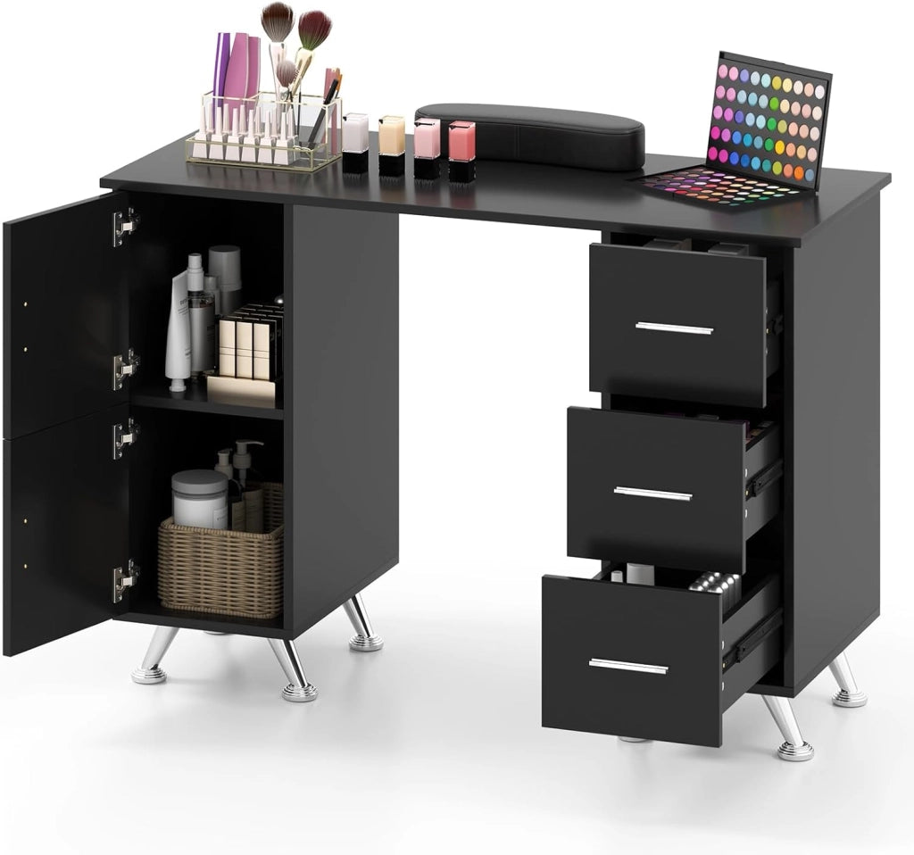 COSTWAY Tavolo per Manicure, Tavolo per Unghie con Cassetti, Cuscino Poggia Polsi e Gambe in Metallo, Stazione per Unghie Estetista Nail Art per Salone di Bellezza (Bianco)