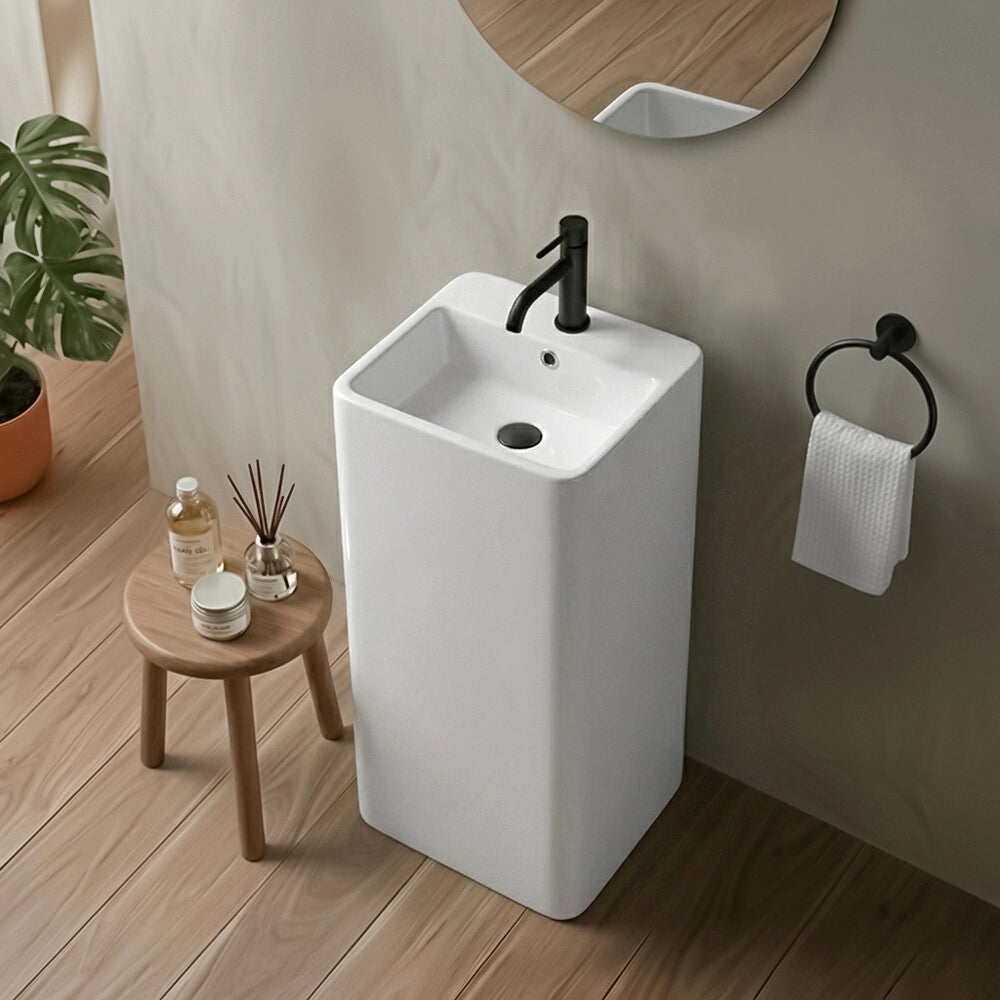 Lavabo freestanding quadrato 40x85 cm in ceramica bianco lucido Giove