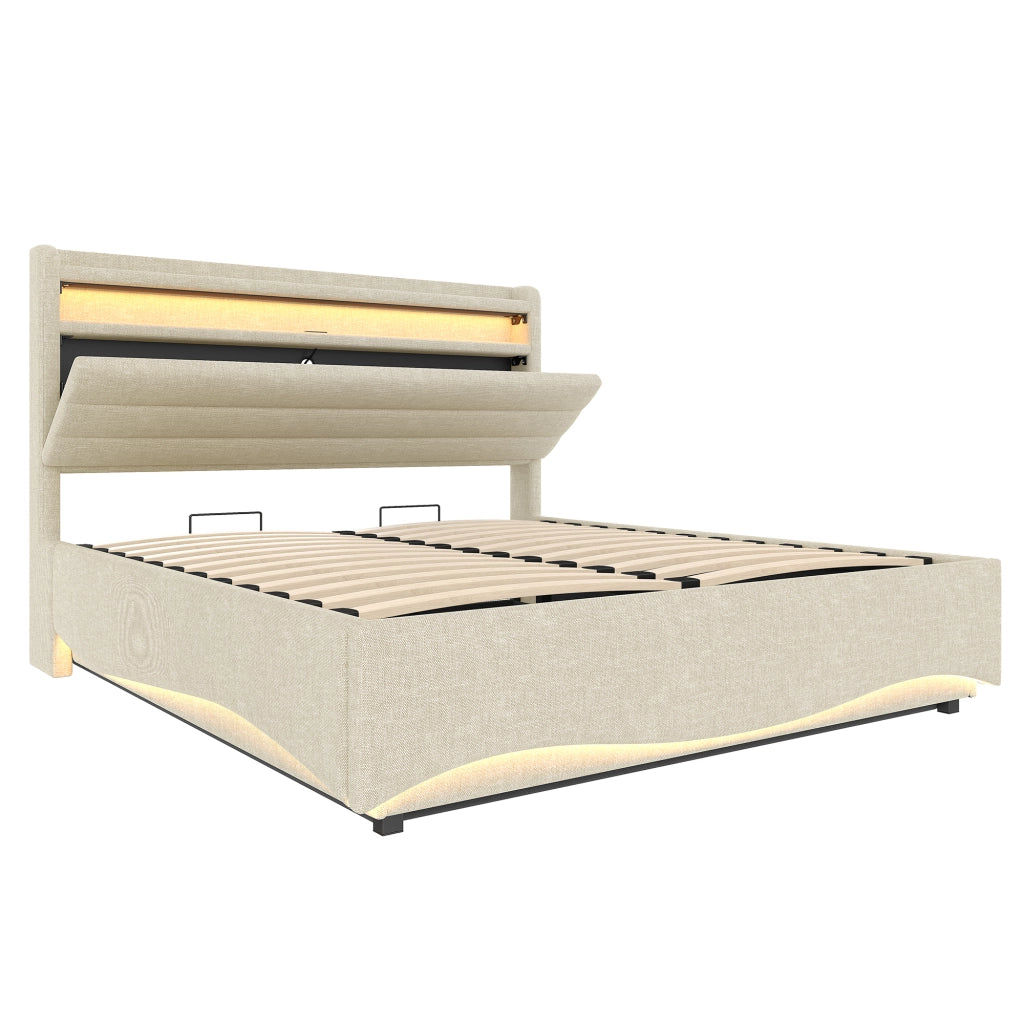Letti contenitori 140x200 cm con LED e vano contenitore; lino beige (Senza materasso)