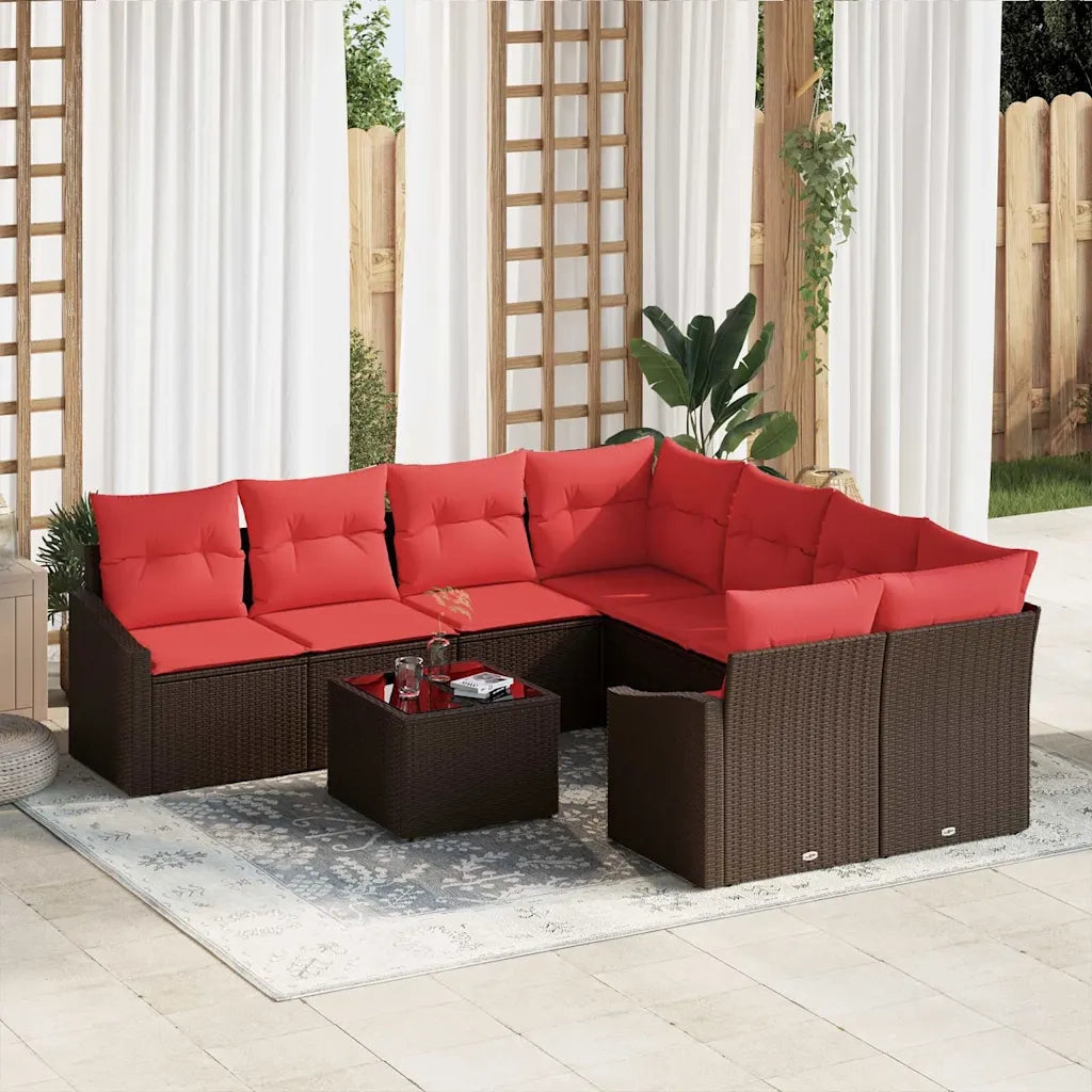 Set di divani 9 pz 3-Numero di posti Marrone e Rosso polyrattan 3346664