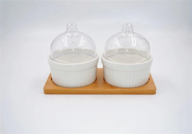 Antipastiera Ciotoline in Ceramica con Base in Legno 2 Coppette con Coperchi