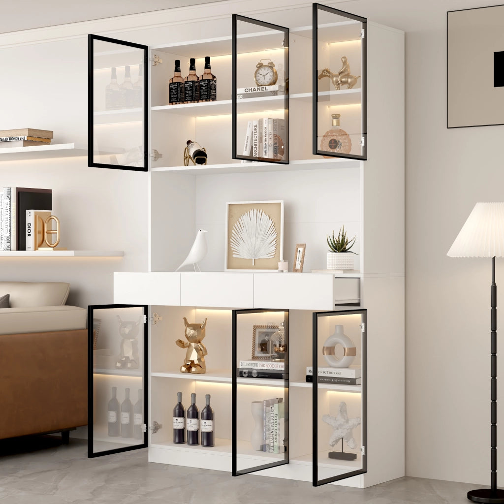 Vetrina con LED e 3 cassetti con ripiani regolabili e piano aperto per soggiorno cucina bianco 120 × 30 × 200 cm