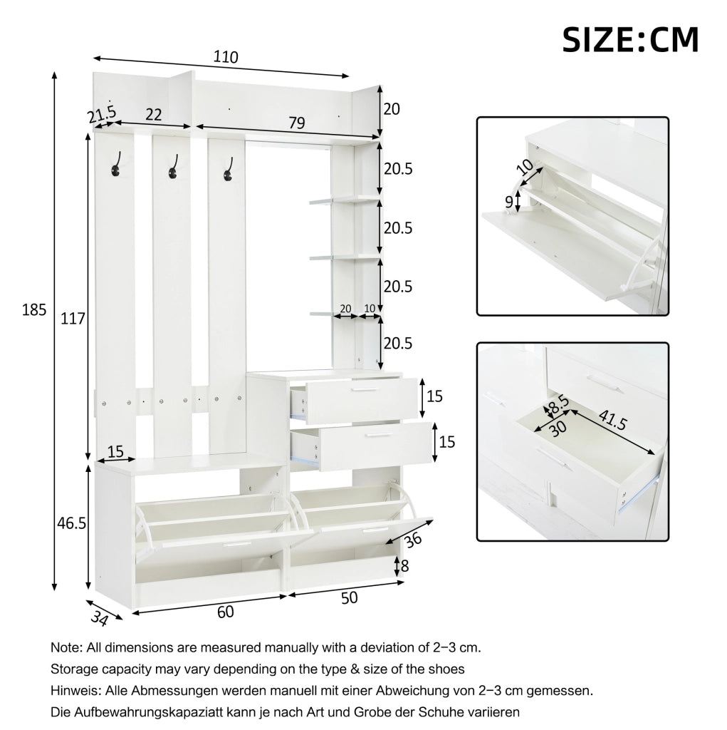 Armadio ingresso 110x34x185 cm con specchio; 2 cassetti; scarpiera a ribalta; MDF bianco