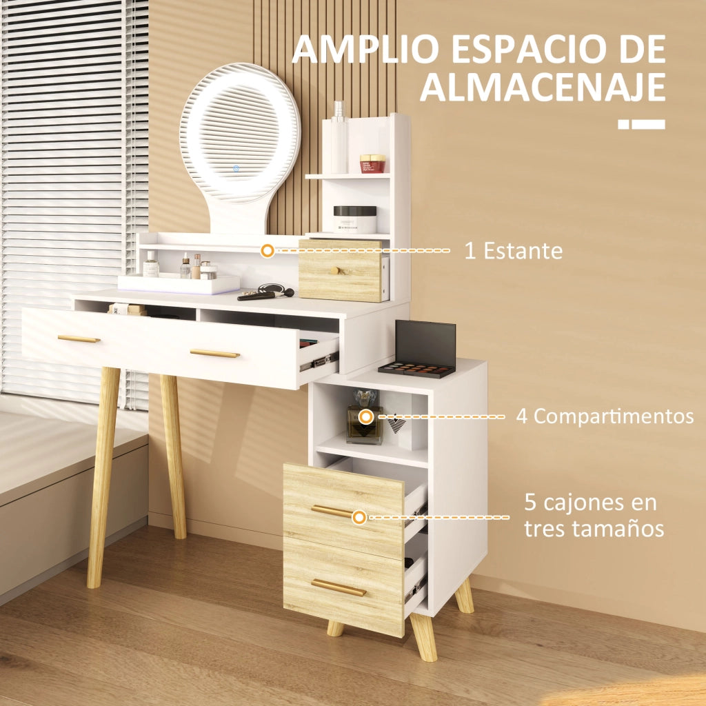 Tocador con Specchio e Luci LED ¨C zephmum ¨C 100x44x137 cm Bianco e Naturale