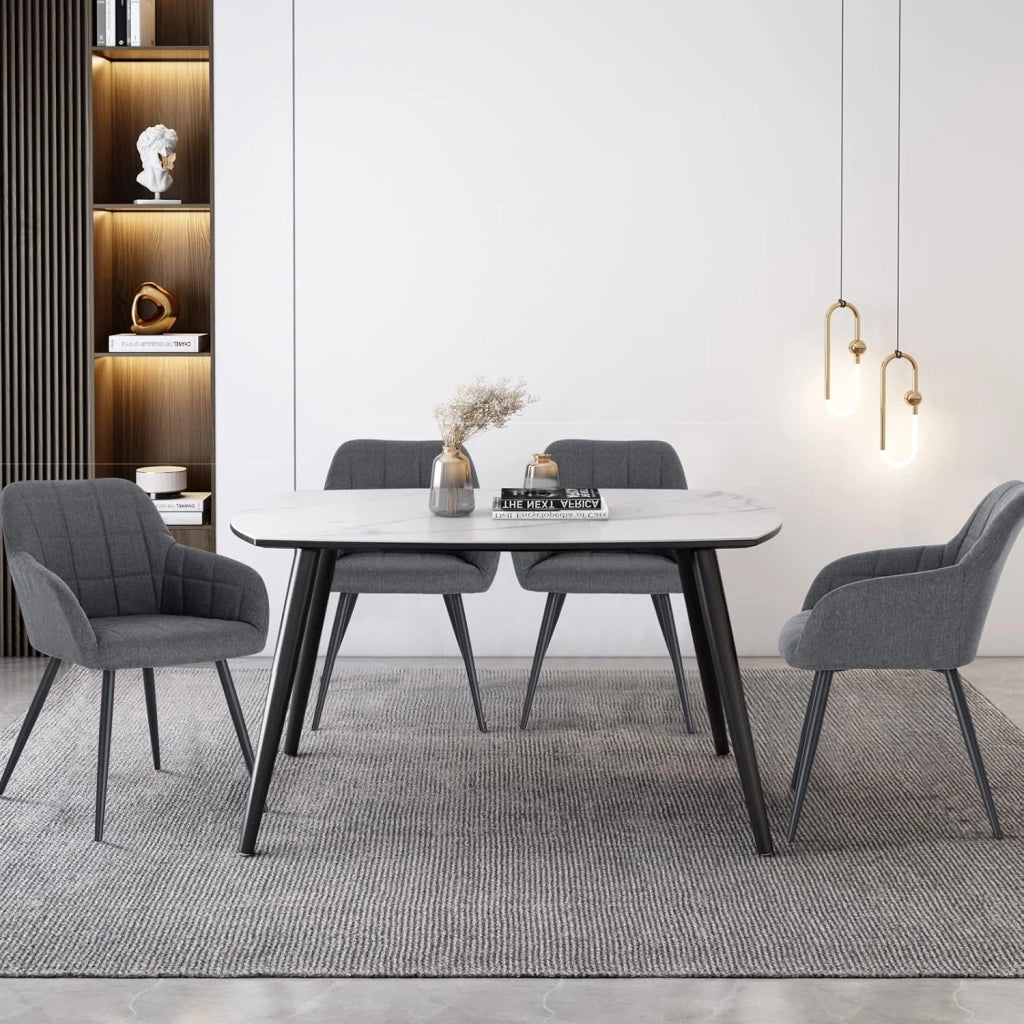 Sedia per Sala da Pranzo Imbottita, Poltroncina in Stoffa Lino,Sedia da Cucina con Braccioli e Schienale, Gambe in Metallo, moderne,Grigio Scuro, BH107dgr-1