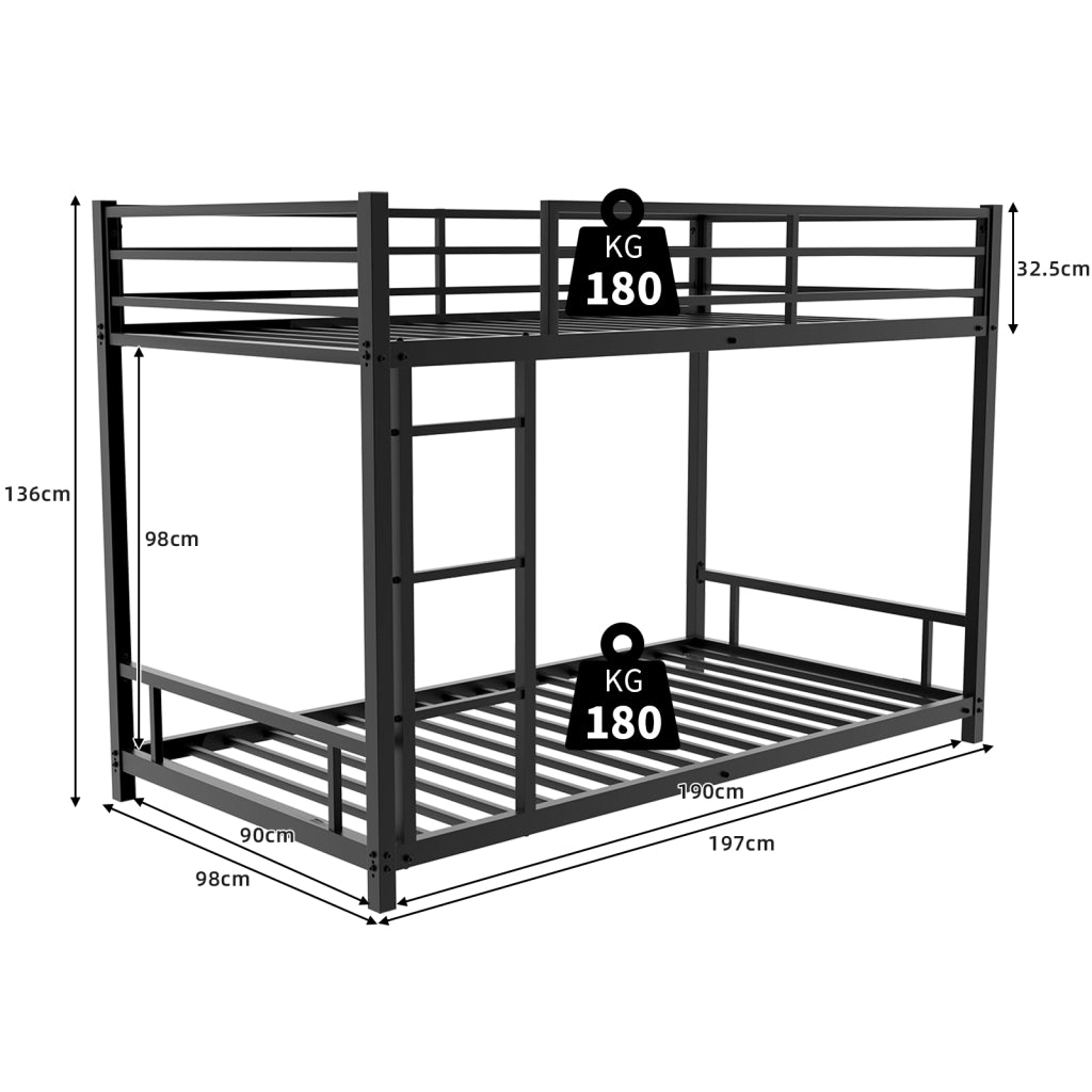 Letto a castello con due letti singoli ferro nero 98x197 cm