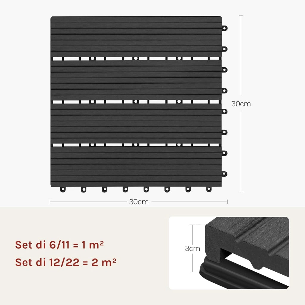 WOLTU Piastrelle per Pavimenti da Esterno Balcone/Giardino/Terrazza Pavimentazione ad Incastro in WPC, Legno Composito, con 11 Pannelli da 30x30 cm Antracite