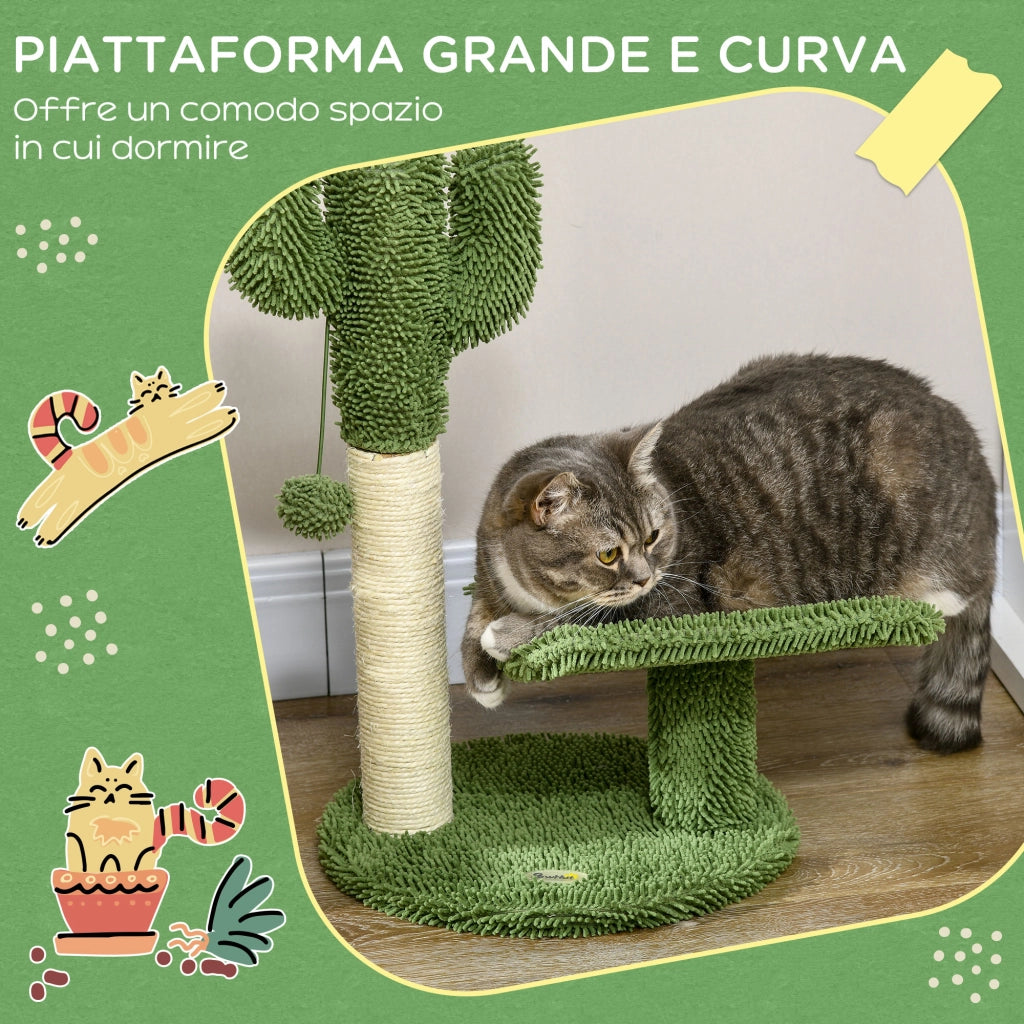 EasyComfort Albero per Gatti a forma di Cactus con Tiragraffi e Pallina da Gioco, 35x31x55.5 cm, Verde e Bianco