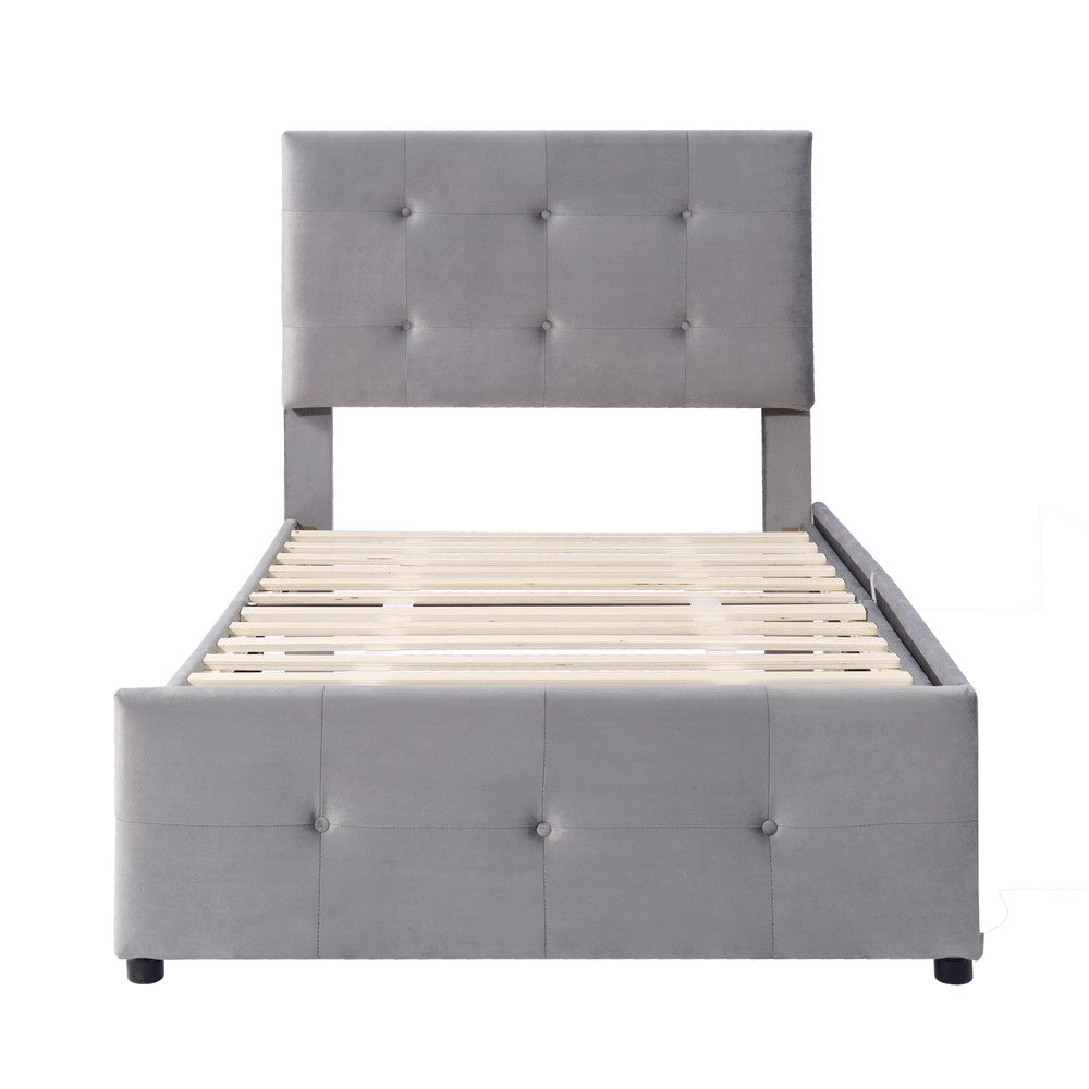 Letto imbottito singolo con cassetti e rete a doghe ¨C Minimal ¨C velluto grigio 90x200 cm