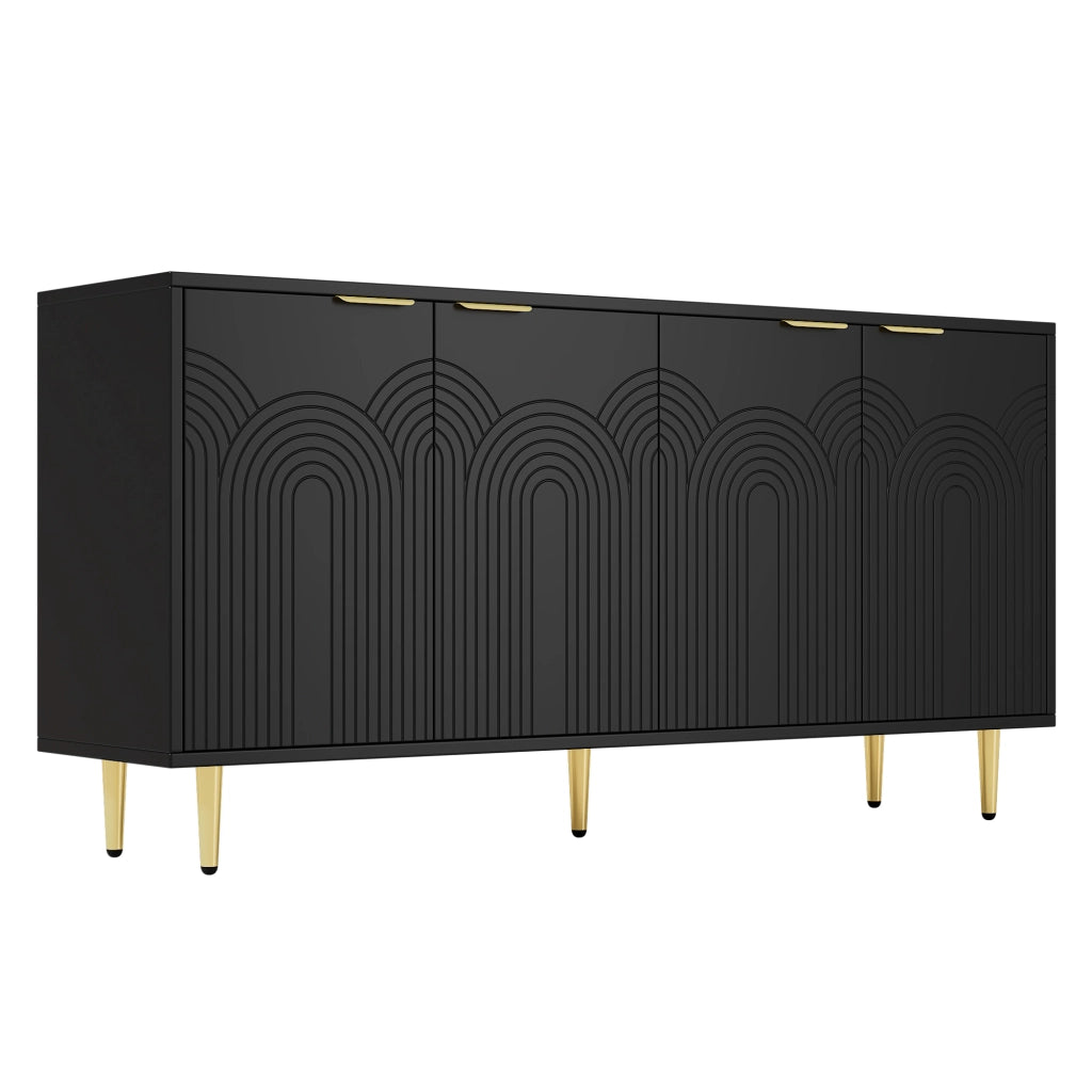 Credenza a 4 ante con ripiani regolabili, cerniere soft-close e dettagli oro, in MDF e truciolare nero 160 × 40 × 80 cm