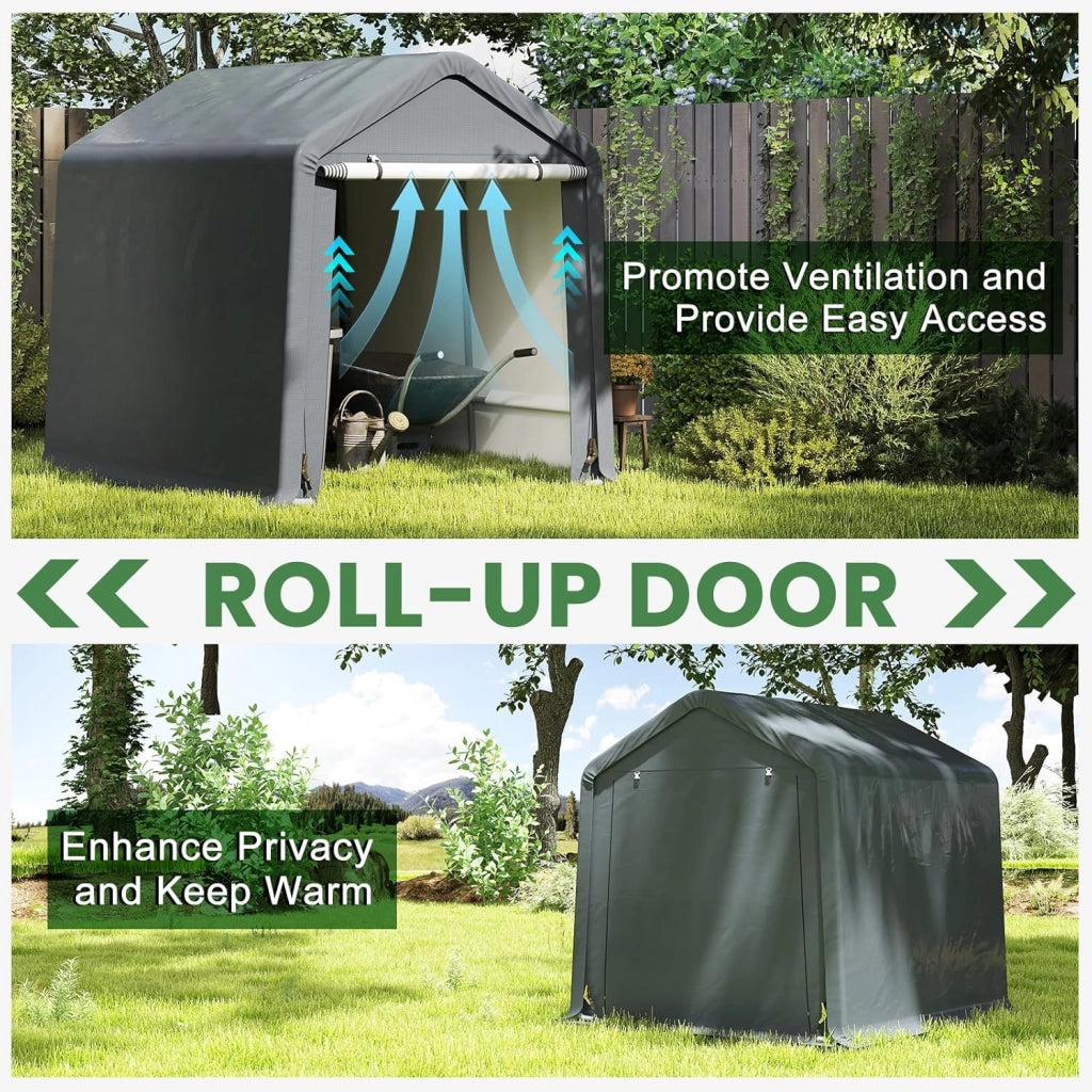 Capanno da Giardino 195 X 240 X 214 CM, Tenda Garage per Bici Moto Attrezzi, con Copertura en PE Impermeabile, Porta con Cerniera, Telaio in Metallo, Picchetti, per Esterno, Grigio