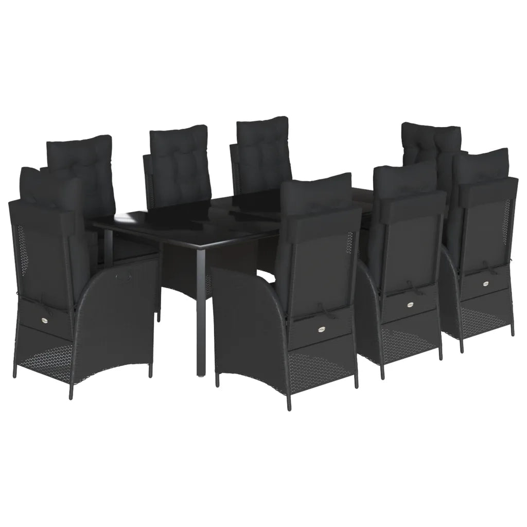 Set da Pranzo da Giardino 9 pz con Cuscini Nero in Polyrattan
