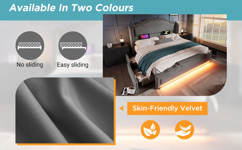 DESMIU Letto con contenitore 160 × 200 cm 2 posti con 4 cassetti, LED, USB e Type-C, senza materasso, in velluto grigio
