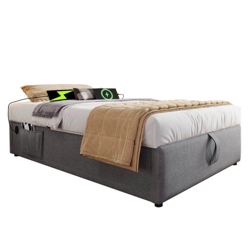 Letto contenitore singolo 90x200 cm in tessuto lino; USB e Type-C; grigio; senza testiera
