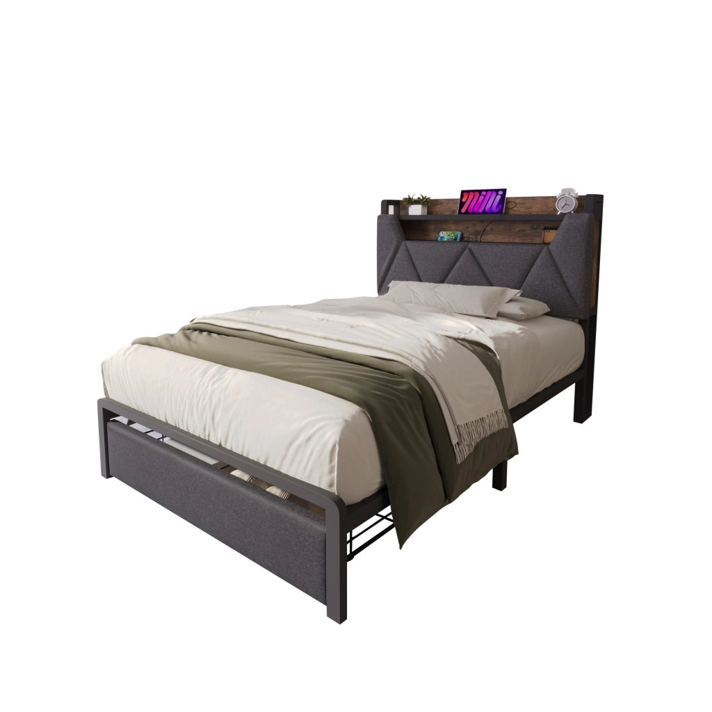 Letto singolo 90x200 cm con LED; USB Tipo-C; testiera contenitore e cassetto grigio