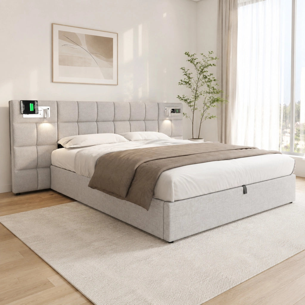 Letto imbottito 180x200 cm con USB, ricarica wireless, luce integrata e contenitore idraulico, grigio