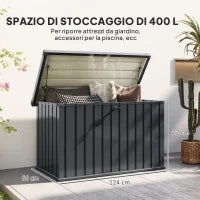 Baule da Esterno da 400L in Acciaio Zincato con Serratura e 2 Chiavi 124x66x72 cm, Grigio Scuro